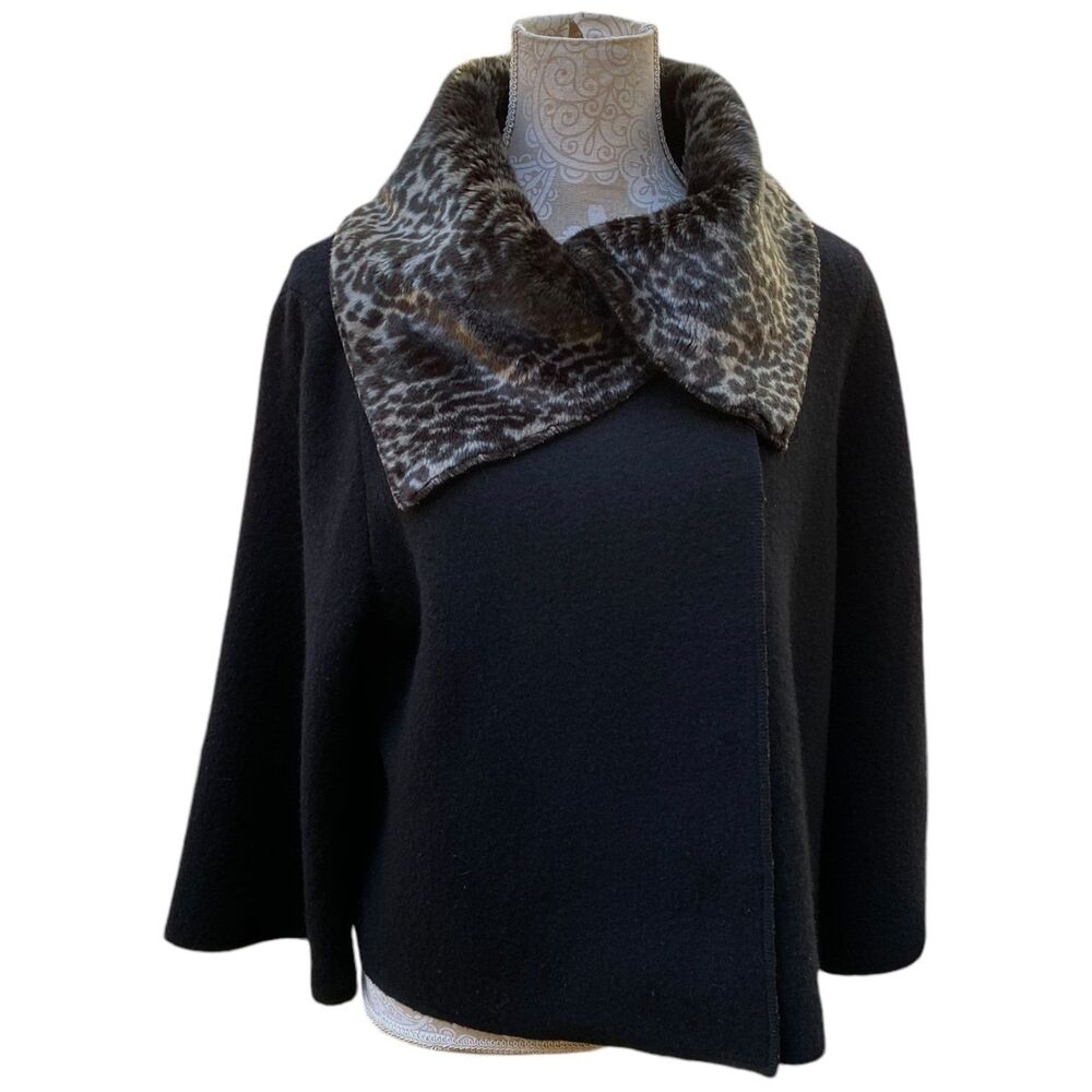 Peck & Peck 100% wool black jacket cape faux fur collar 50s retro mob wife Sz L